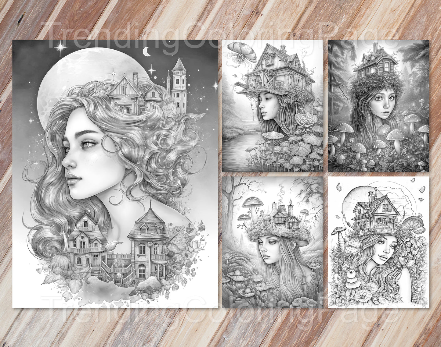 25 Fairy Crowned Beauty Grayscale Coloring Pages - Instant Download - Printable PDF Dark/Light – preview 5