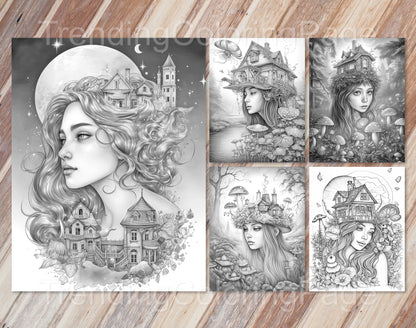 25 Fairy Crowned Beauty Grayscale Coloring Pages - Instant Download - Printable PDF Dark/Light – preview 5