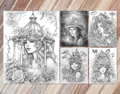 25 Fairy Crowned Beauty Grayscale Coloring Pages - Instant Download - Printable PDF Dark/Light – preview 6