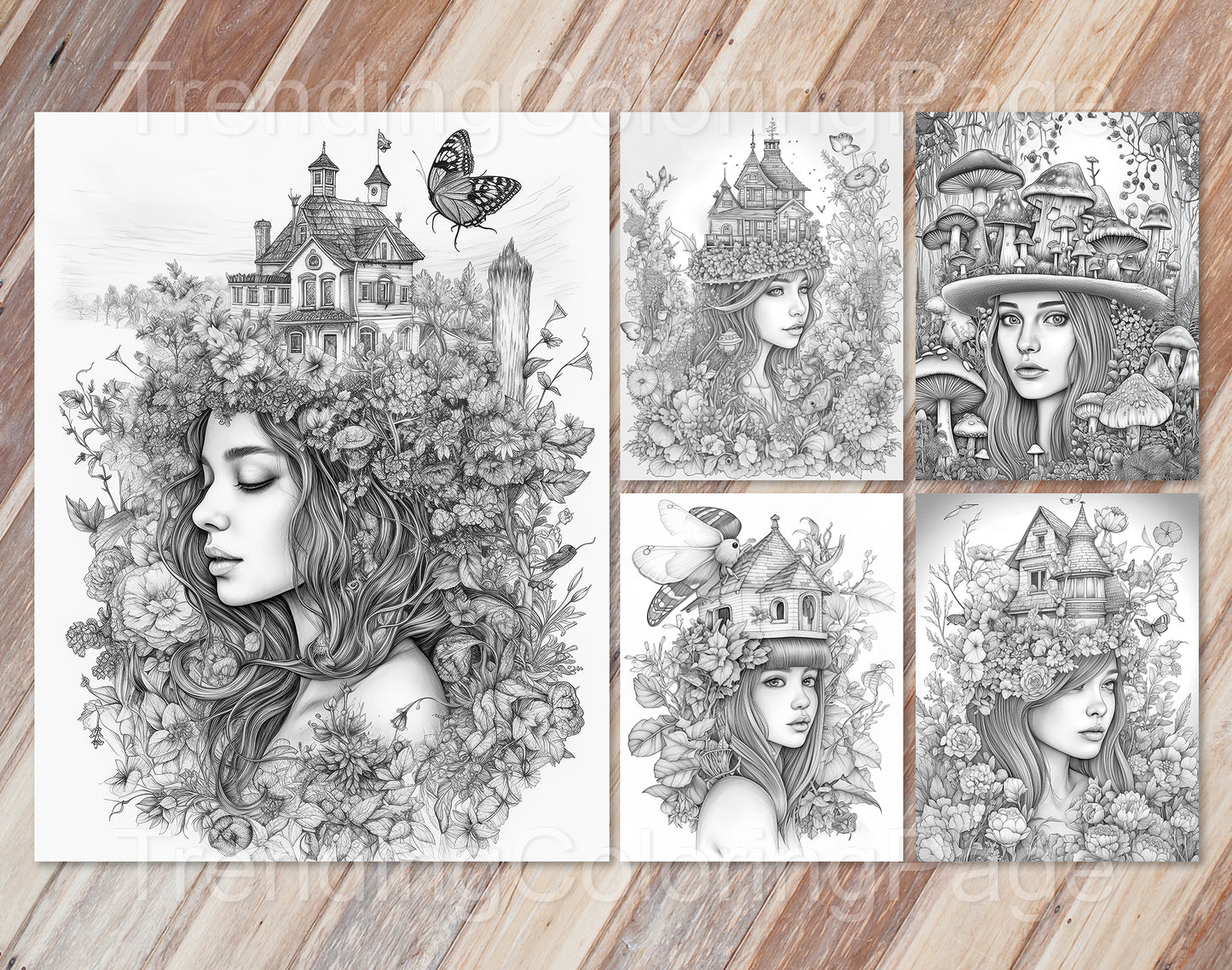 25 Fairy Crowned Beauty Grayscale Coloring Pages - Instant Download - Printable PDF Dark/Light – preview 7