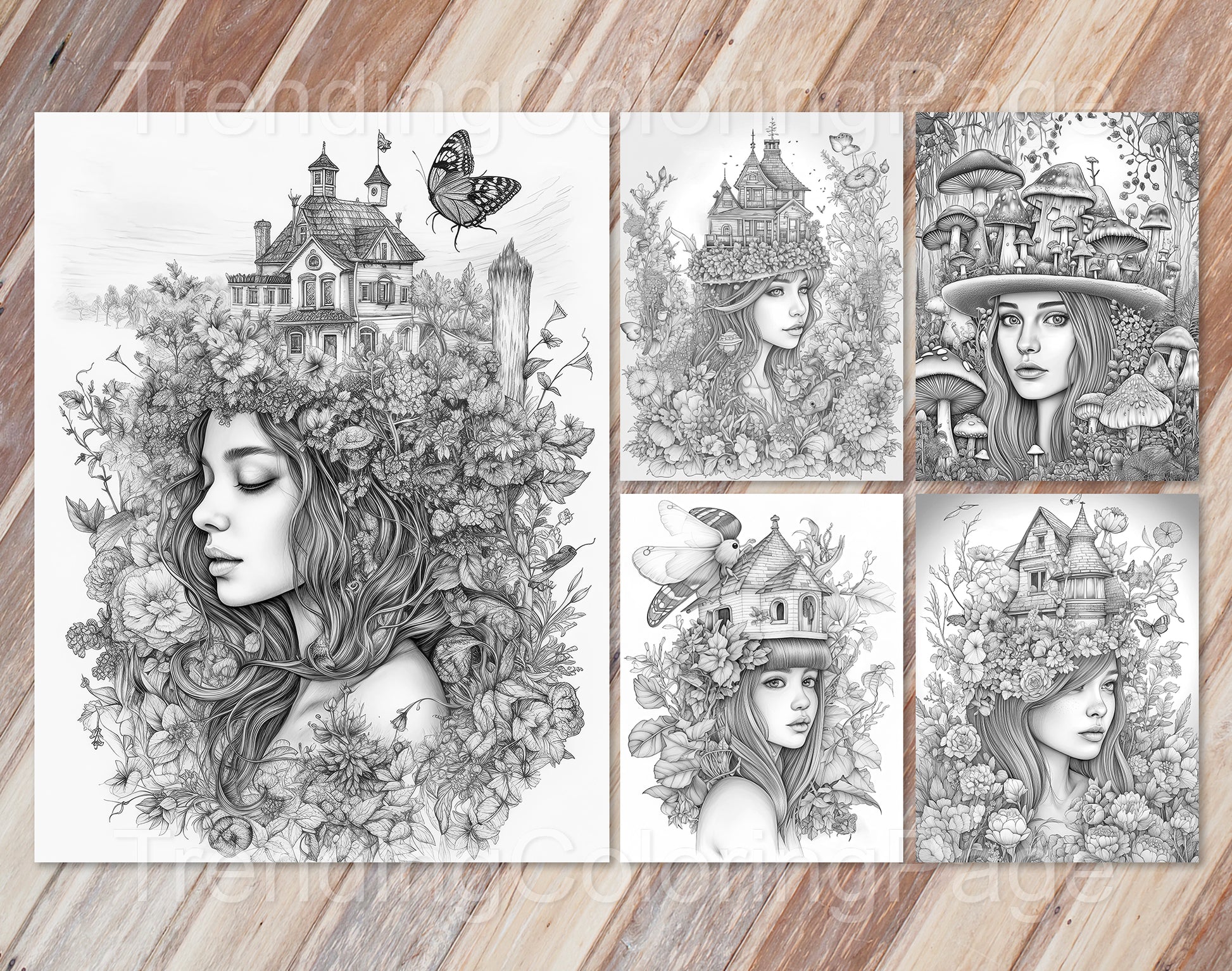 25 Fairy Crowned Beauty Grayscale Coloring Pages - Instant Download - Printable PDF Dark/Light – preview 7
