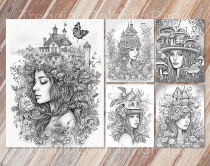 25 Fairy Crowned Beauty Grayscale Coloring Pages - Instant Download - Printable PDF Dark/Light – preview 7