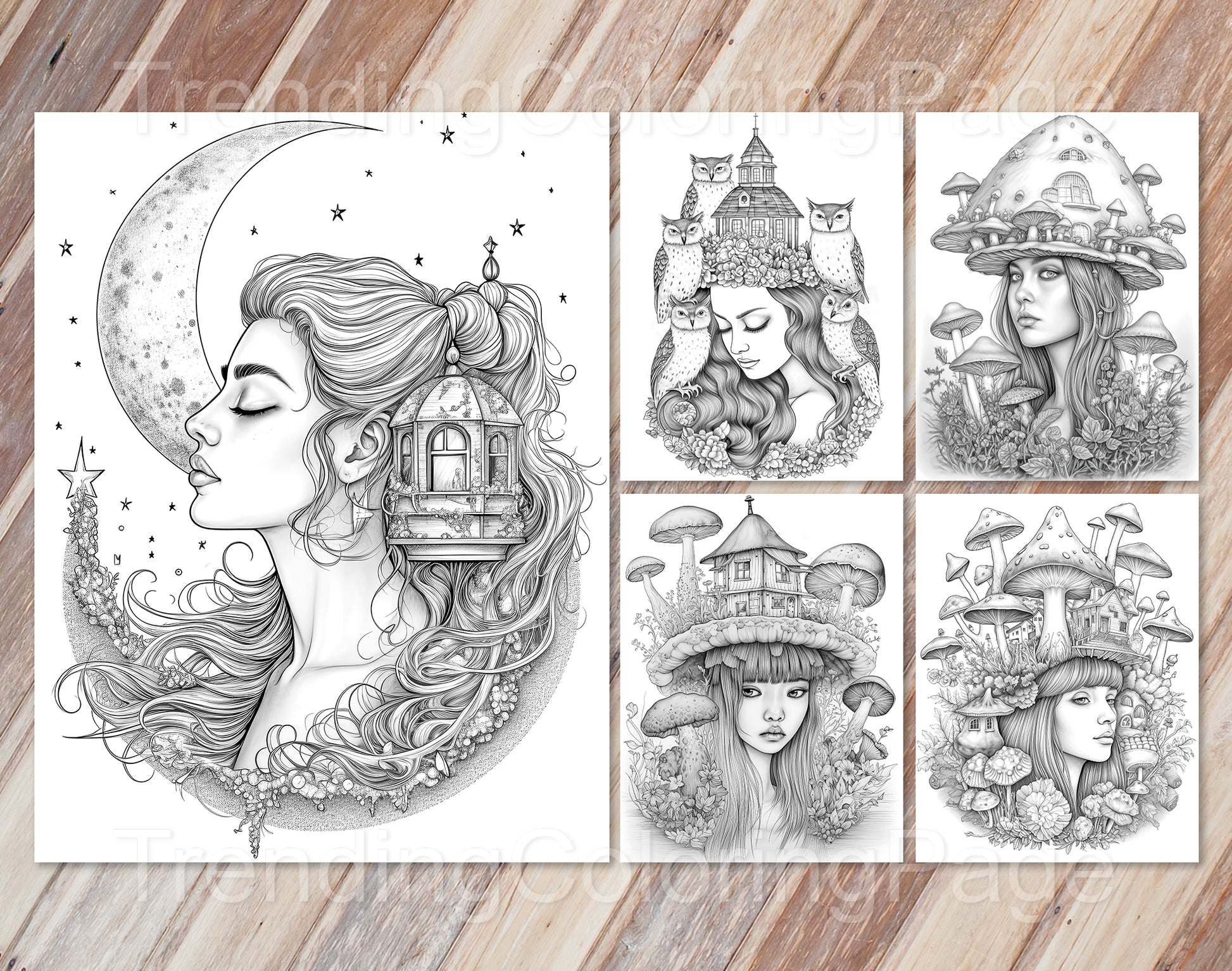 25 Fairy Crowned Beauty Grayscale Coloring Pages - Instant Download - Printable PDF Dark/Light – preview 8