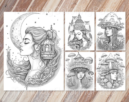 25 Fairy Crowned Beauty Grayscale Coloring Pages - Instant Download - Printable PDF Dark/Light – preview 8