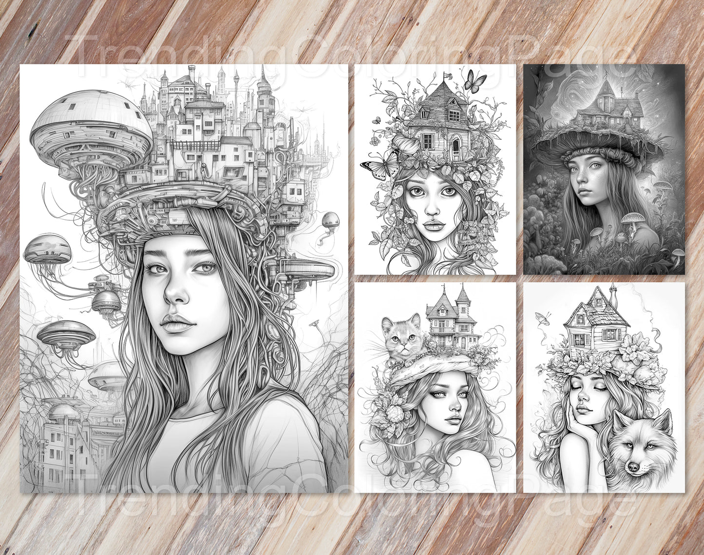 25 Fairy Crowned Beauty Grayscale Coloring Pages - Instant Download - Printable PDF Dark/Light – preview 9