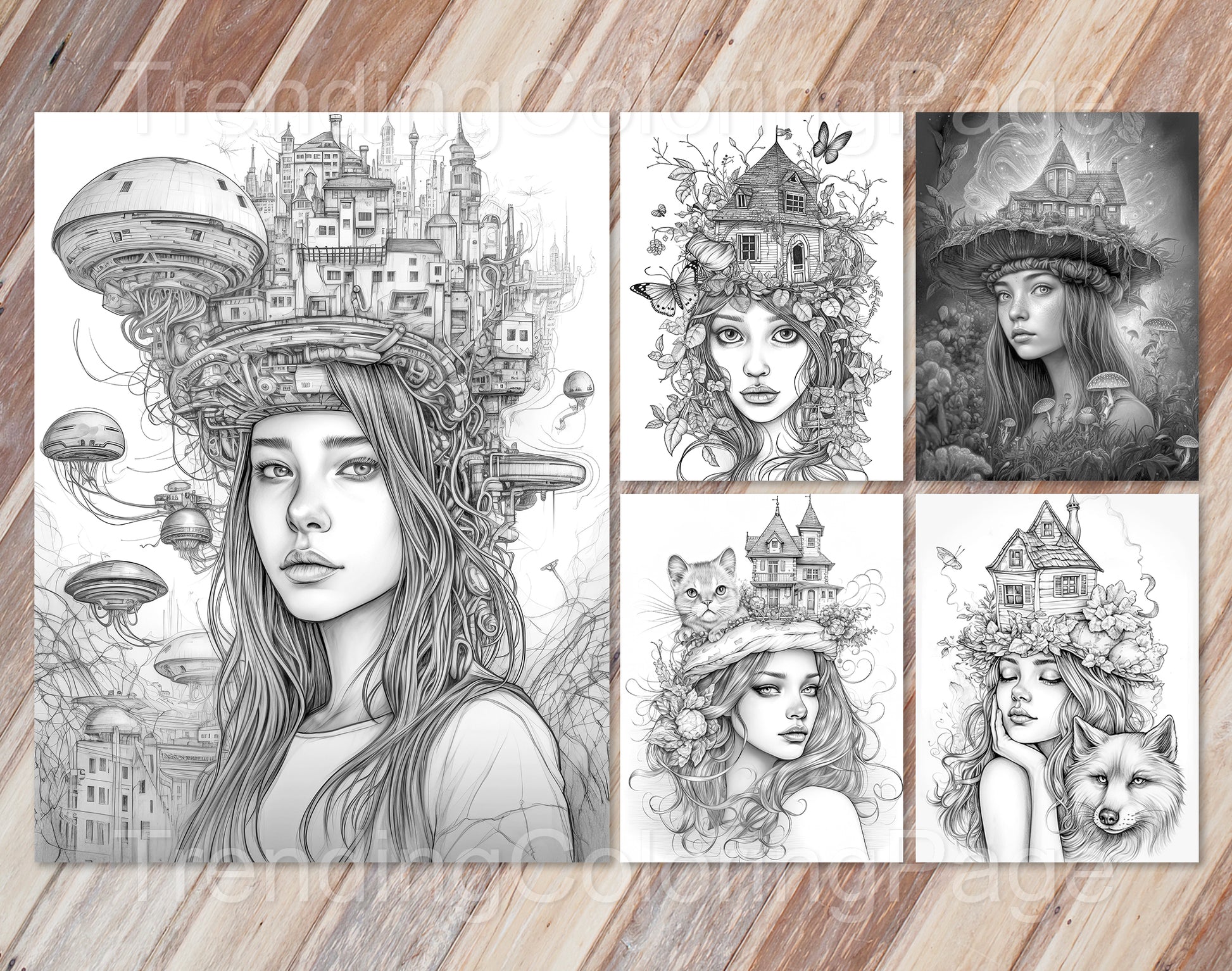 25 Fairy Crowned Beauty Grayscale Coloring Pages - Instant Download - Printable PDF Dark/Light – preview 9
