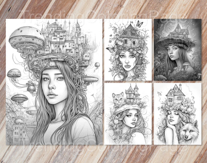 25 Fairy Crowned Beauty Grayscale Coloring Pages - Instant Download - Printable PDF Dark/Light – preview 9