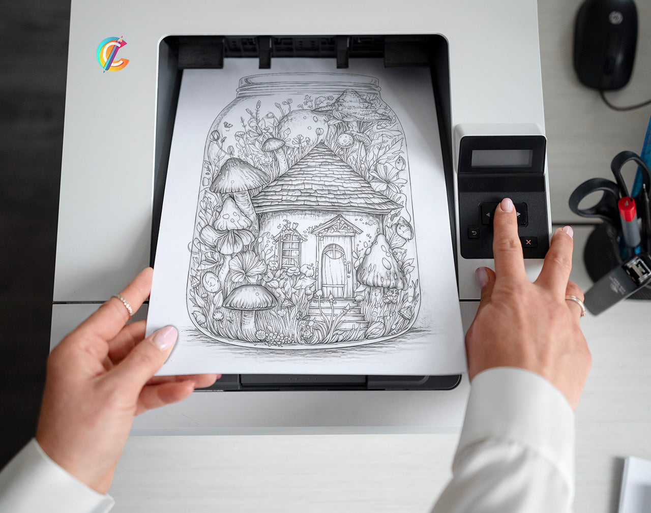 25 Fairy House In Jar Grayscale Coloring Pages - Instant Download - Printable PDF Dark/Light – preview 2