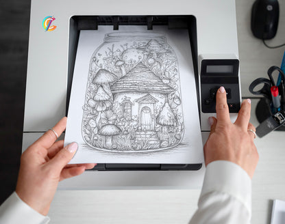 25 Fairy House In Jar Grayscale Coloring Pages - Instant Download - Printable PDF Dark/Light – preview 2