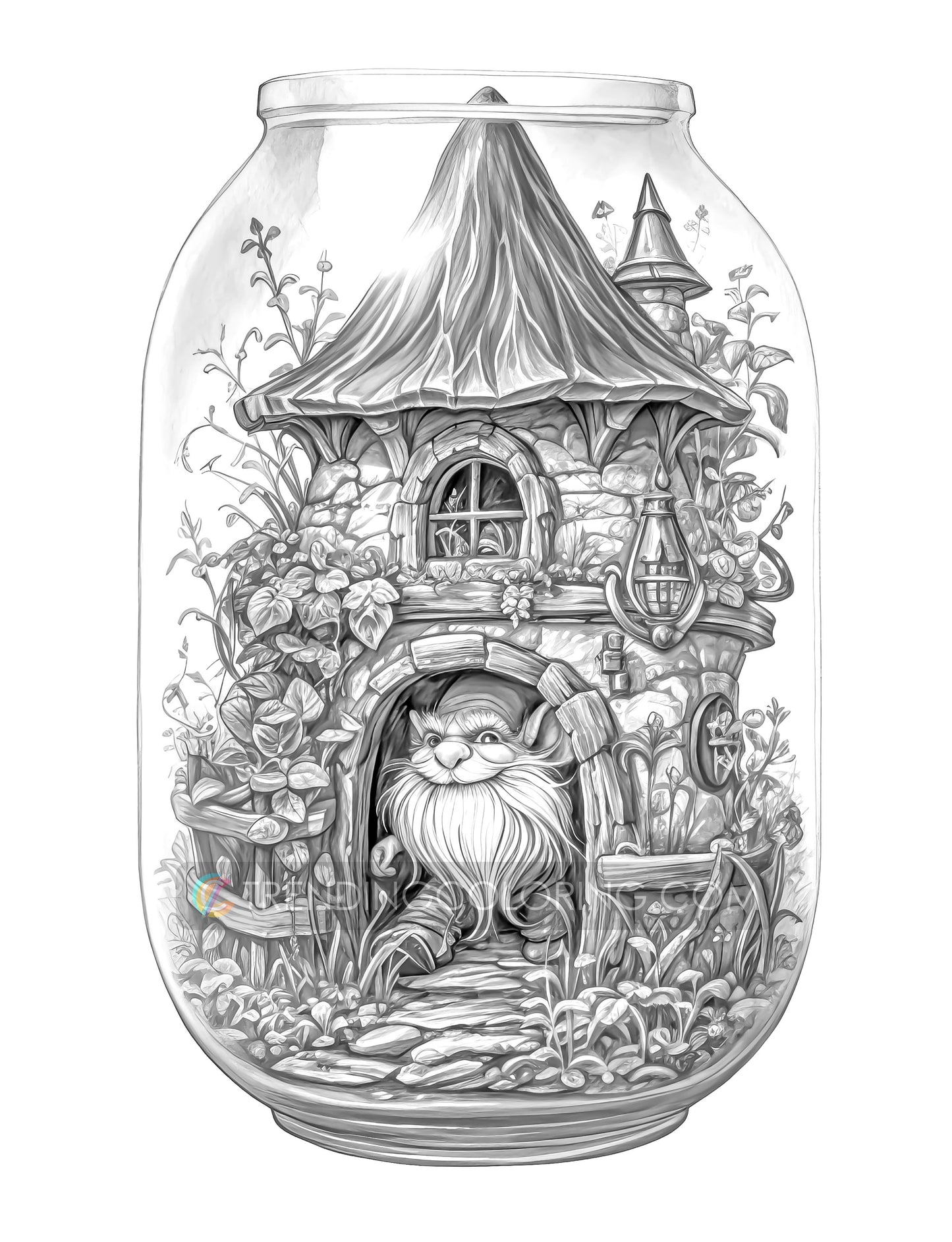 25 Fairy House In Jar Grayscale Coloring Pages - Instant Download - Printable PDF Dark/Light – preview 3