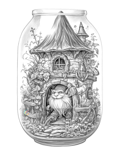 25 Fairy House In Jar Grayscale Coloring Pages - Instant Download - Printable PDF Dark/Light – preview 3