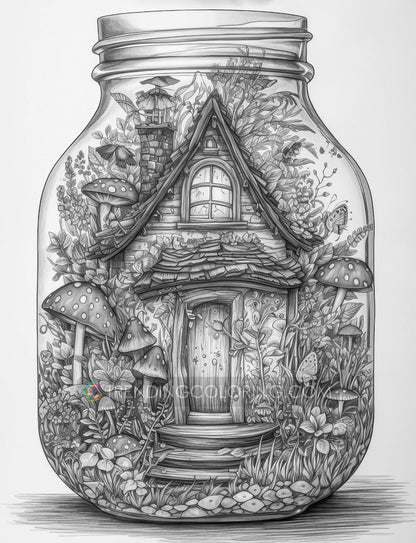 25 Fairy House In Jar Grayscale Coloring Pages - Instant Download - Printable PDF Dark/Light – preview 4