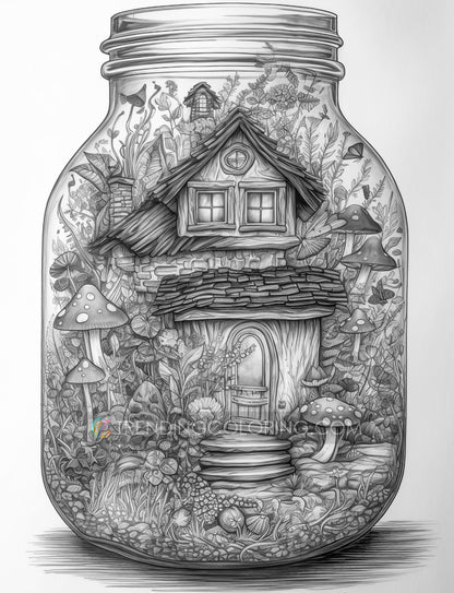 25 Fairy House In Jar Grayscale Coloring Pages - Instant Download - Printable PDF Dark/Light – preview 6