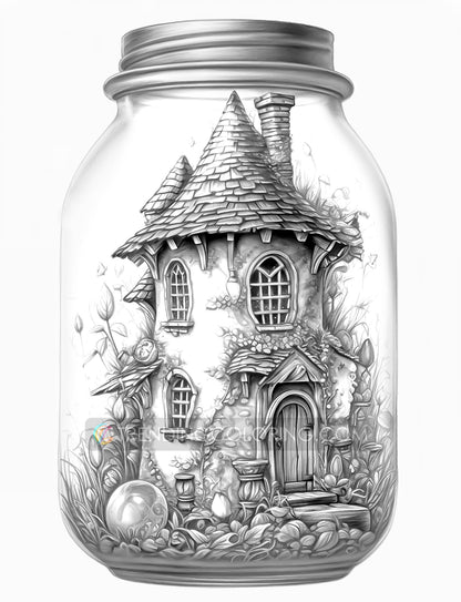 25 Fairy House In Jar Grayscale Coloring Pages - Instant Download - Printable PDF Dark/Light – preview 7