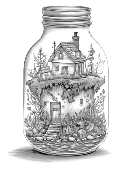 25 Fairy House In Jar Grayscale Coloring Pages - Instant Download - Printable PDF Dark/Light – preview 8
