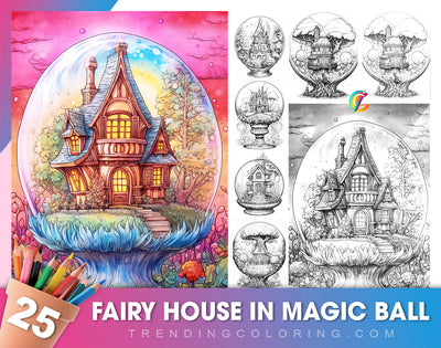 25 Fairy House In Magic Ball Grayscale Coloring Pages - Instant Download - Printable PDF Dark/Light