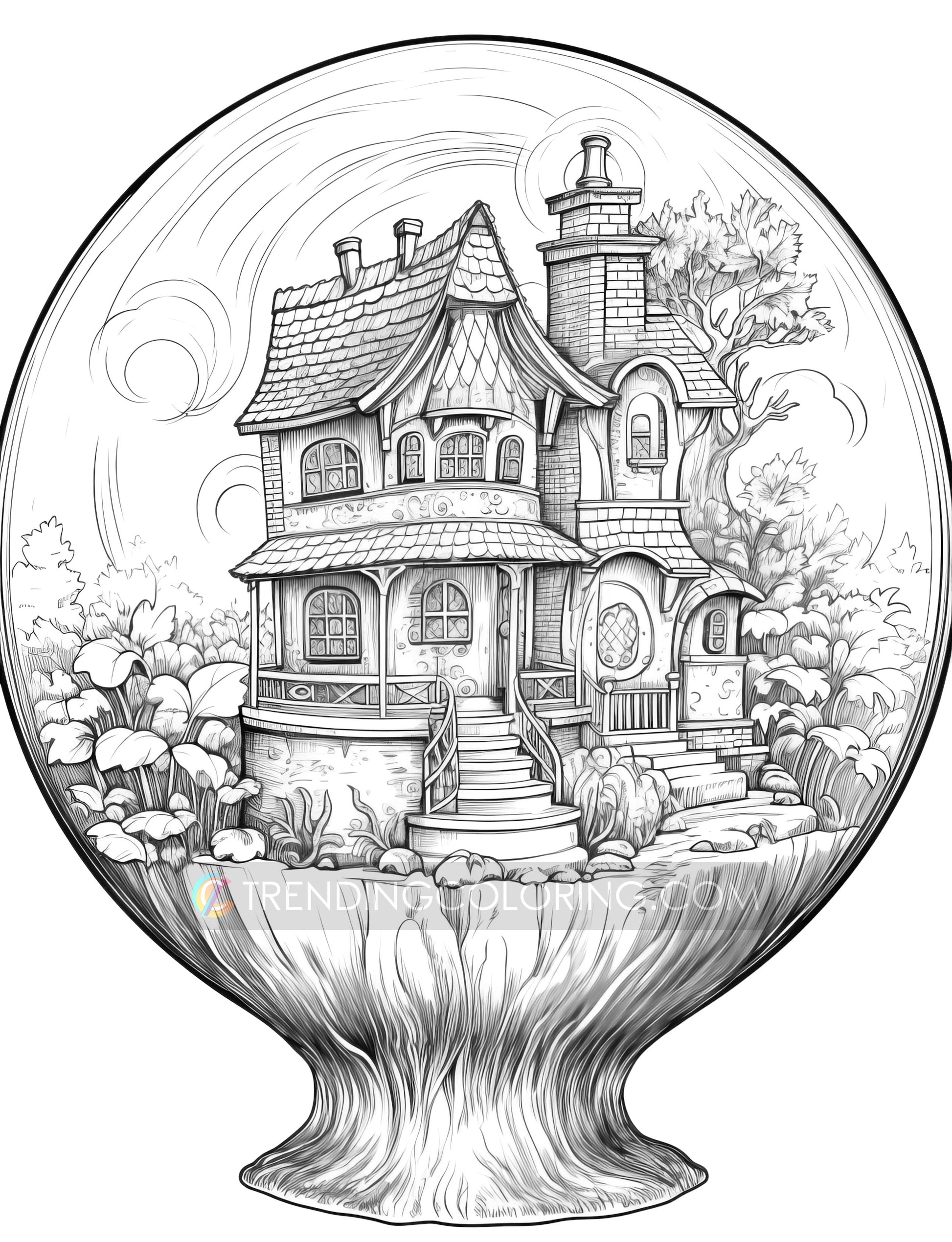 25 Fairy House In Magic Ball Grayscale Coloring Pages - Instant Download - Printable PDF Dark/Light – preview 10