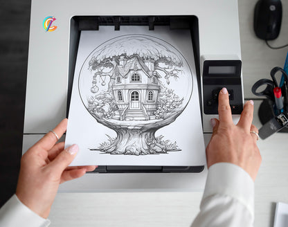 25 Fairy House In Magic Ball Grayscale Coloring Pages - Instant Download - Printable PDF Dark/Light – preview 2