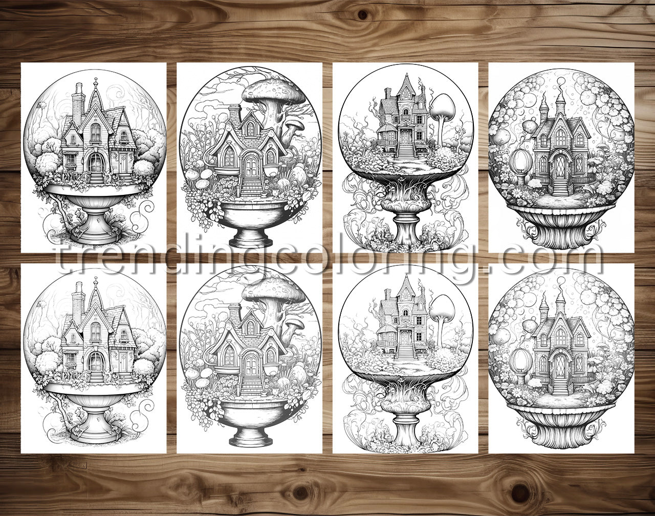 25 Fairy House In Magic Ball Grayscale Coloring Pages - Instant Download - Printable PDF Dark/Light – preview 3