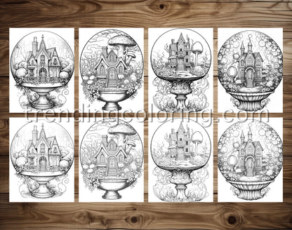 25 Fairy House In Magic Ball Grayscale Coloring Pages - Instant Download - Printable PDF Dark/Light – preview 3