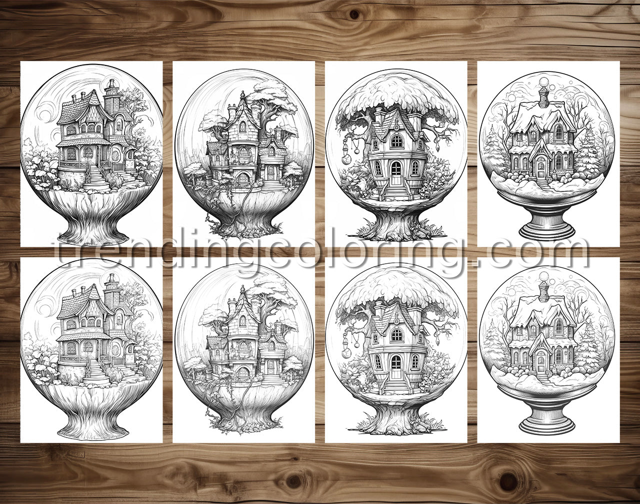 25 Fairy House In Magic Ball Grayscale Coloring Pages - Instant Download - Printable PDF Dark/Light – preview 4