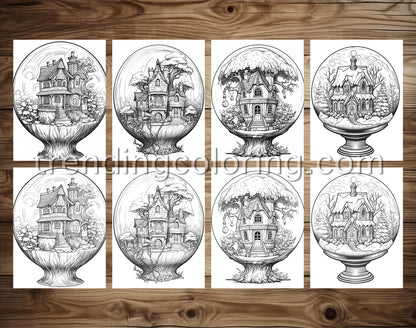 25 Fairy House In Magic Ball Grayscale Coloring Pages - Instant Download - Printable PDF Dark/Light – preview 4