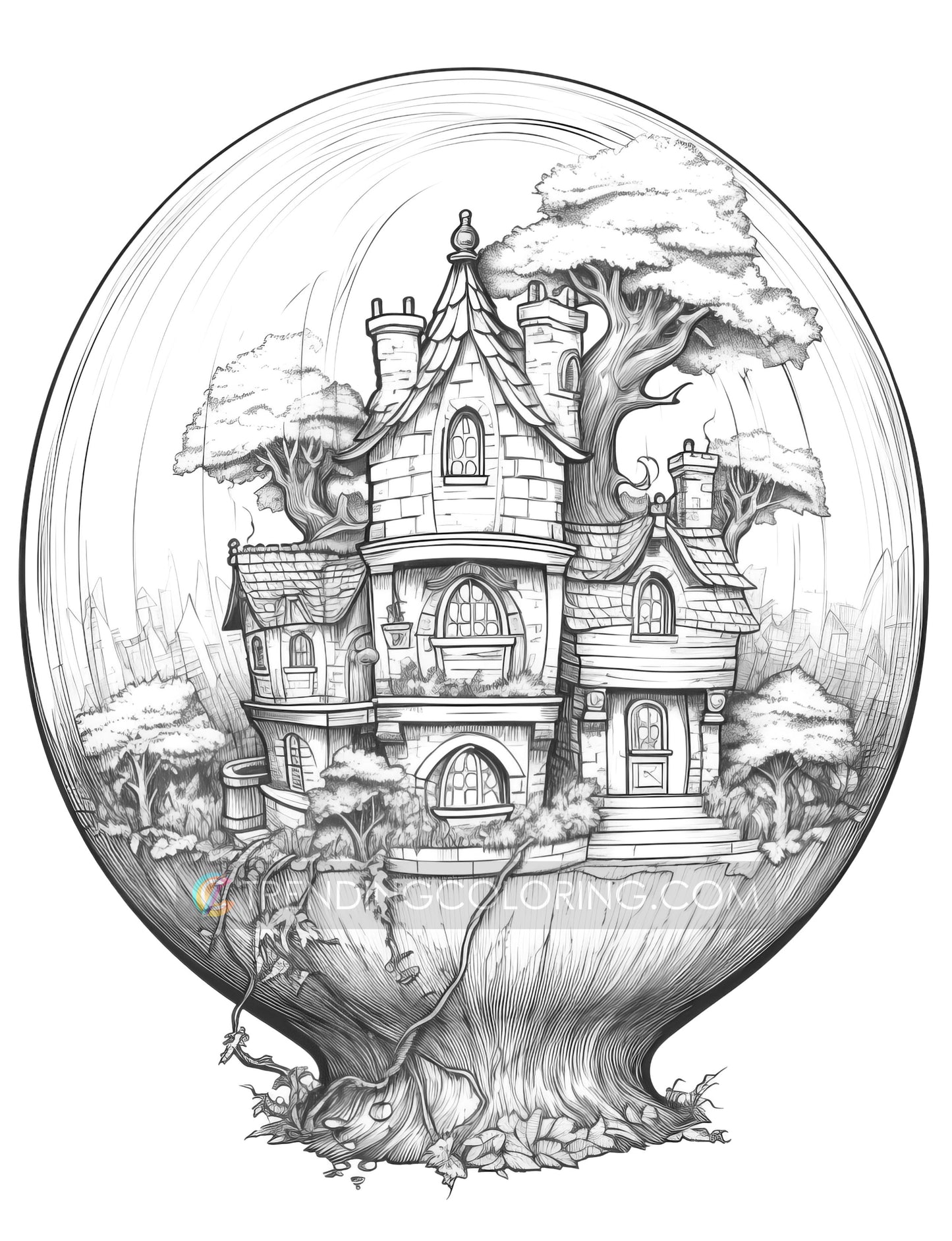 25 Fairy House In Magic Ball Grayscale Coloring Pages - Instant Download - Printable PDF Dark/Light – preview 5