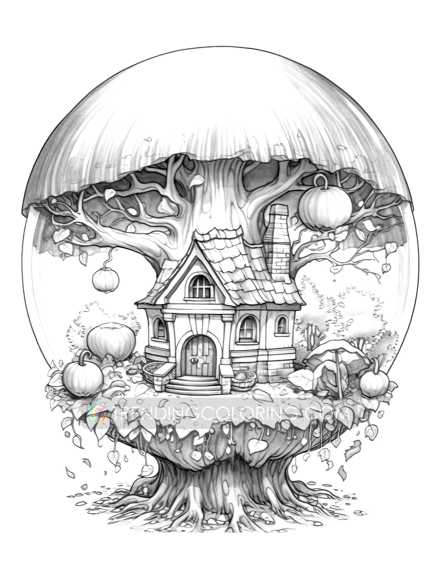 25 Fairy House In Magic Ball Grayscale Coloring Pages - Instant Download - Printable PDF Dark/Light – preview 6