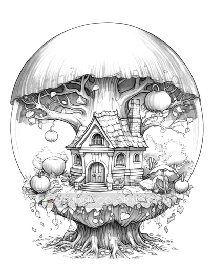 25 Fairy House In Magic Ball Grayscale Coloring Pages - Instant Download - Printable PDF Dark/Light – preview 6