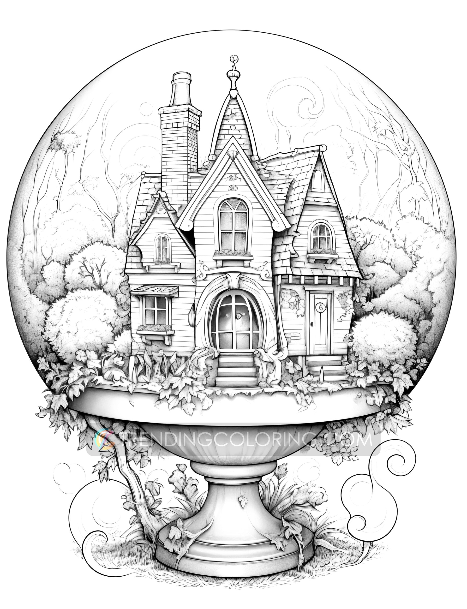 25 Fairy House In Magic Ball Grayscale Coloring Pages - Instant Download - Printable PDF Dark/Light – preview 7
