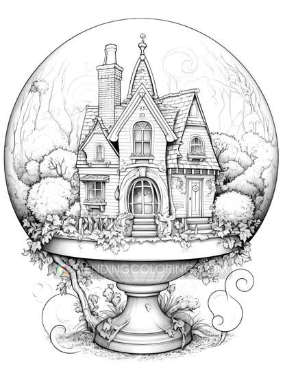25 Fairy House In Magic Ball Grayscale Coloring Pages - Instant Download - Printable PDF Dark/Light – preview 7