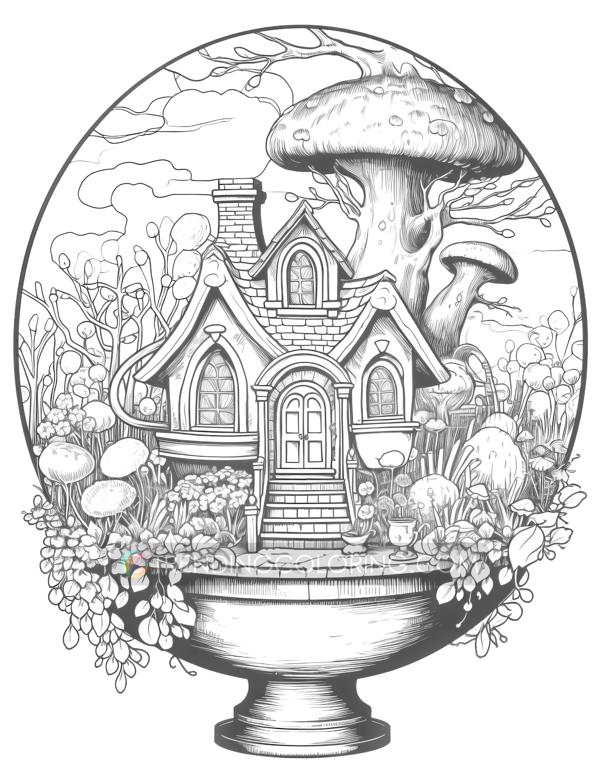 25 Fairy House In Magic Ball Grayscale Coloring Pages - Instant Download - Printable PDF Dark/Light – preview 8