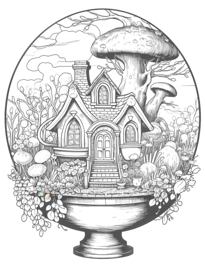 25 Fairy House In Magic Ball Grayscale Coloring Pages - Instant Download - Printable PDF Dark/Light – preview 8