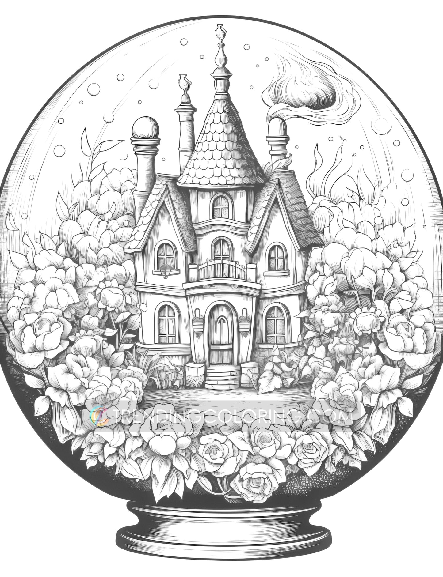 25 Fairy House In Magic Ball Grayscale Coloring Pages - Instant Download - Printable PDF Dark/Light – preview 9