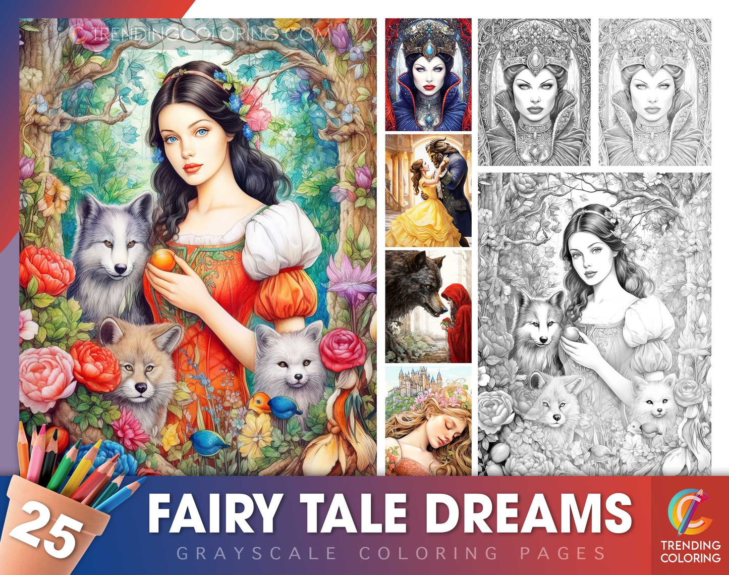 25 Fairy Tale Dreams Grayscale Coloring Pages - Instant Download - Printable PDF Dark/Light