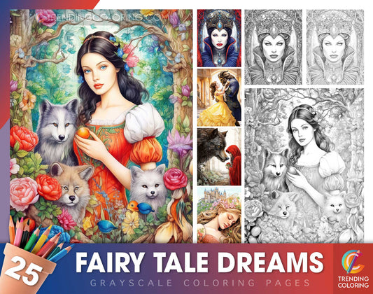 25 Fairy Tale Dreams Grayscale Coloring Pages - Instant Download - Printable PDF Dark/Light