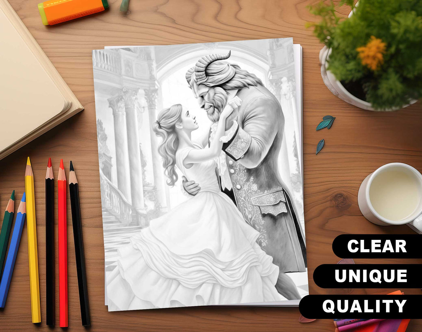 25 Fairy Tale Dreams Grayscale Coloring Pages - Instant Download - Printable PDF Dark/Light – preview 3