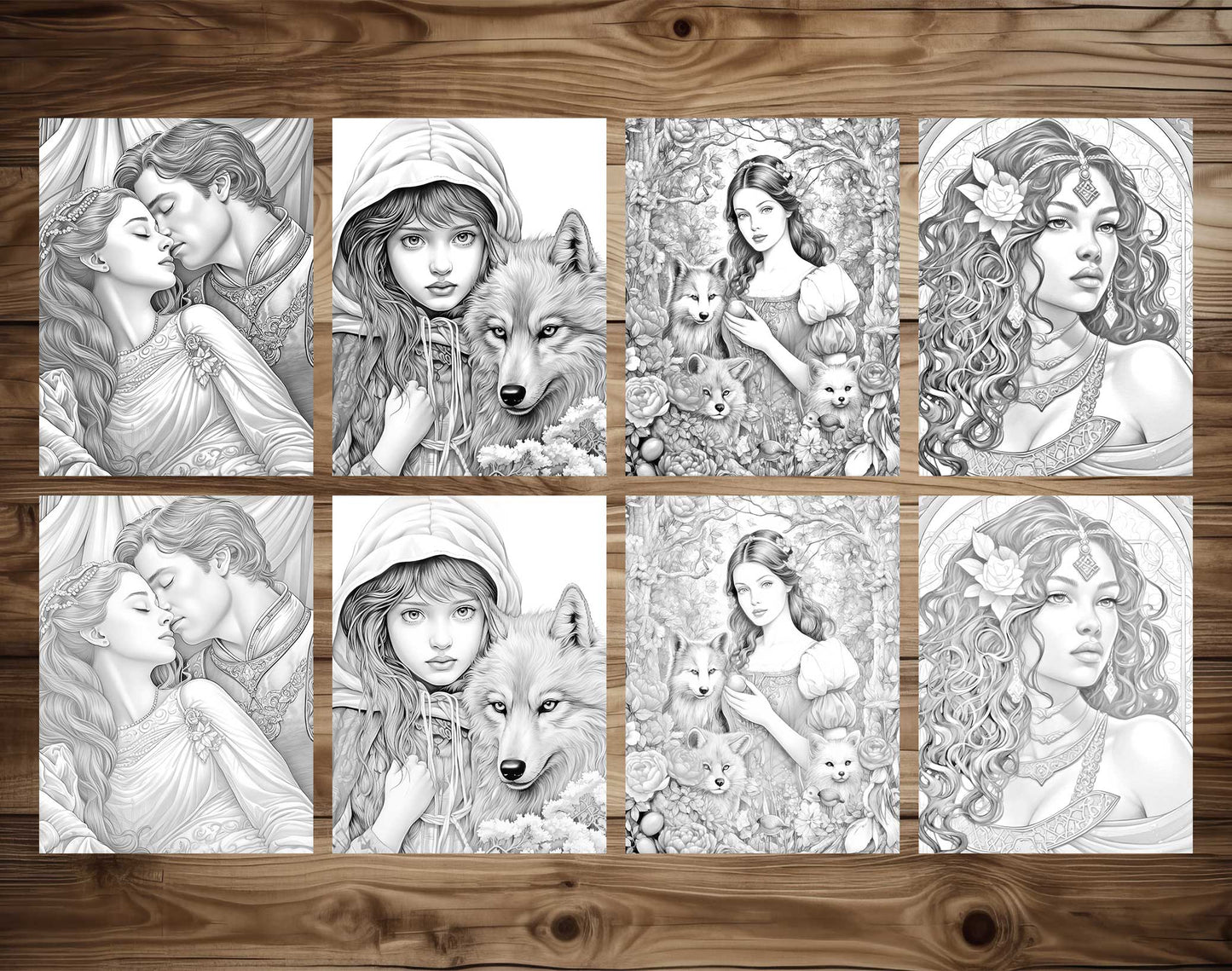 25 Fairy Tale Dreams Grayscale Coloring Pages - Instant Download - Printable PDF Dark/Light – preview 6