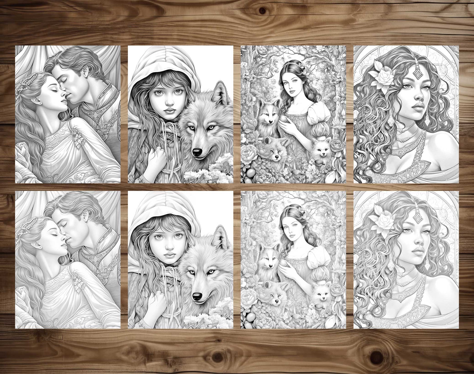 25 Fairy Tale Dreams Grayscale Coloring Pages - Instant Download - Printable PDF Dark/Light – preview 6
