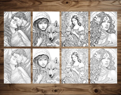 25 Fairy Tale Dreams Grayscale Coloring Pages - Instant Download - Printable PDF Dark/Light – preview 6