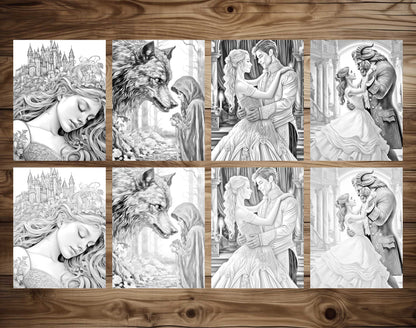 25 Fairy Tale Dreams Grayscale Coloring Pages - Instant Download - Printable PDF Dark/Light – preview 7