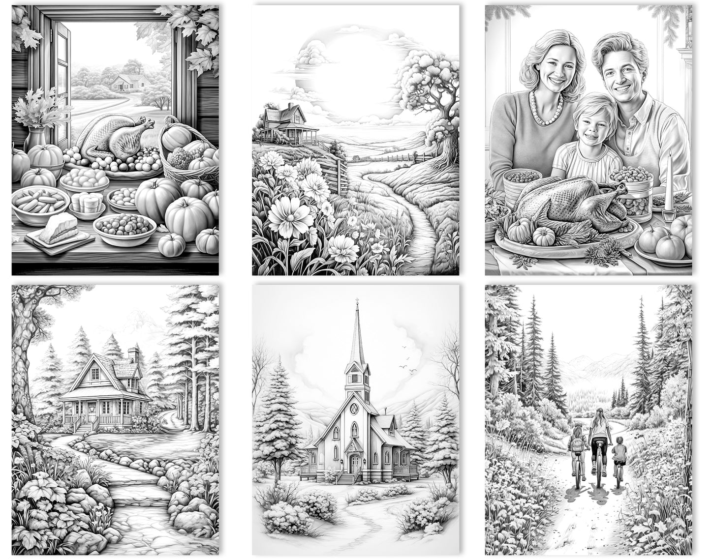 25 Fall & Thanksgiving Grayscale Coloring Pages - Instant Download - Printable PDF Dark/Light – preview 2