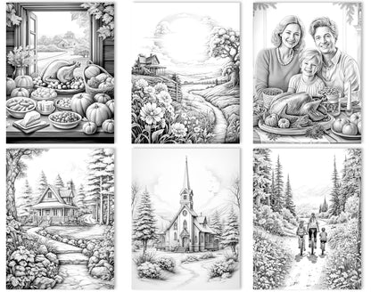 25 Fall & Thanksgiving Grayscale Coloring Pages - Instant Download - Printable PDF Dark/Light – preview 2