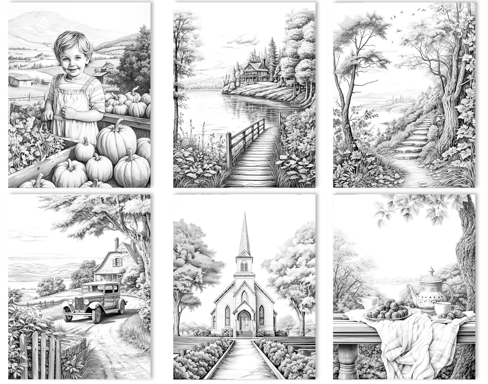 25 Fall & Thanksgiving Grayscale Coloring Pages - Instant Download - Printable PDF Dark/Light – preview 4
