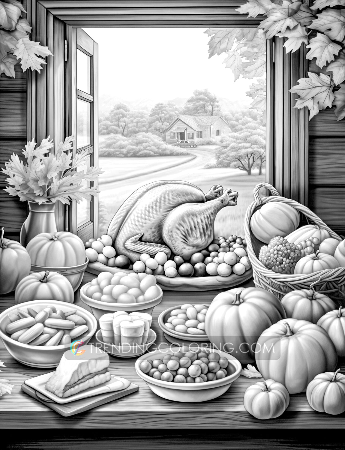25 Fall & Thanksgiving Grayscale Coloring Pages - Instant Download - Printable PDF Dark/Light – preview 7