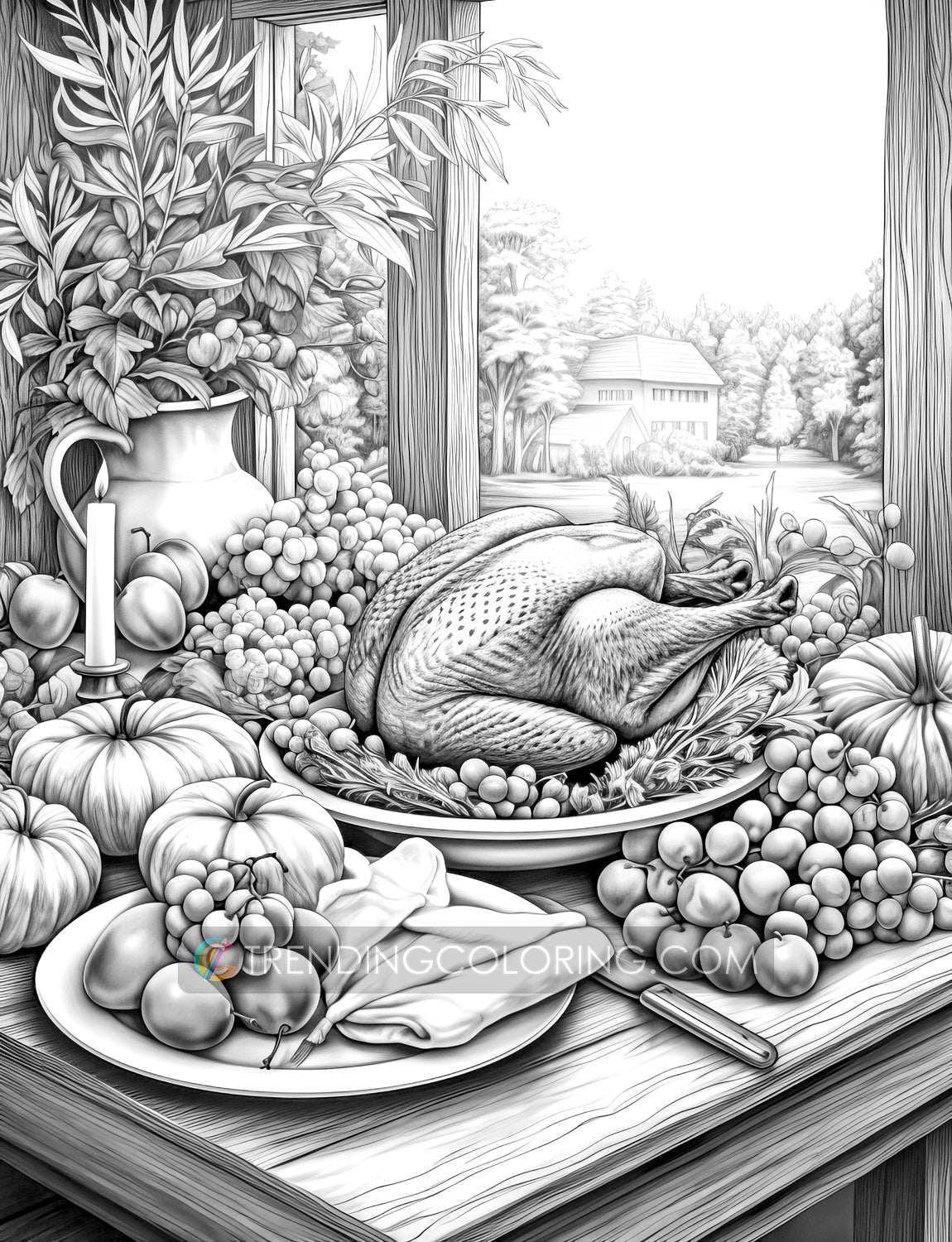 25 Fall & Thanksgiving Grayscale Coloring Pages - Instant Download - Printable PDF Dark/Light – preview 9