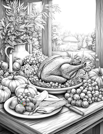 25 Fall & Thanksgiving Grayscale Coloring Pages - Instant Download - Printable PDF Dark/Light – preview 9