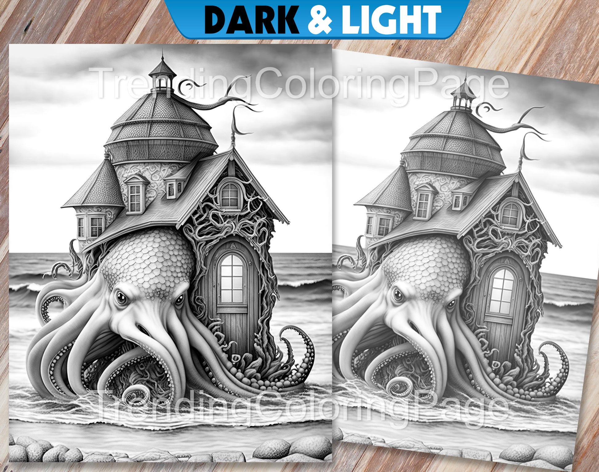 25 Fantasy Ocean Houses Grayscale Coloring Pages - Instant Download - Printable PDF Dark/Light – preview 2