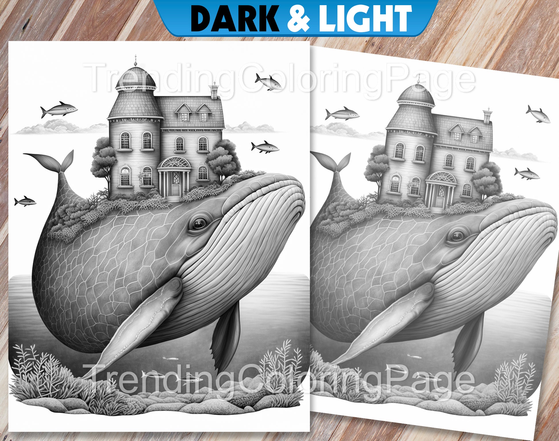 25 Fantasy Ocean Houses Grayscale Coloring Pages - Instant Download - Printable PDF Dark/Light – preview 3