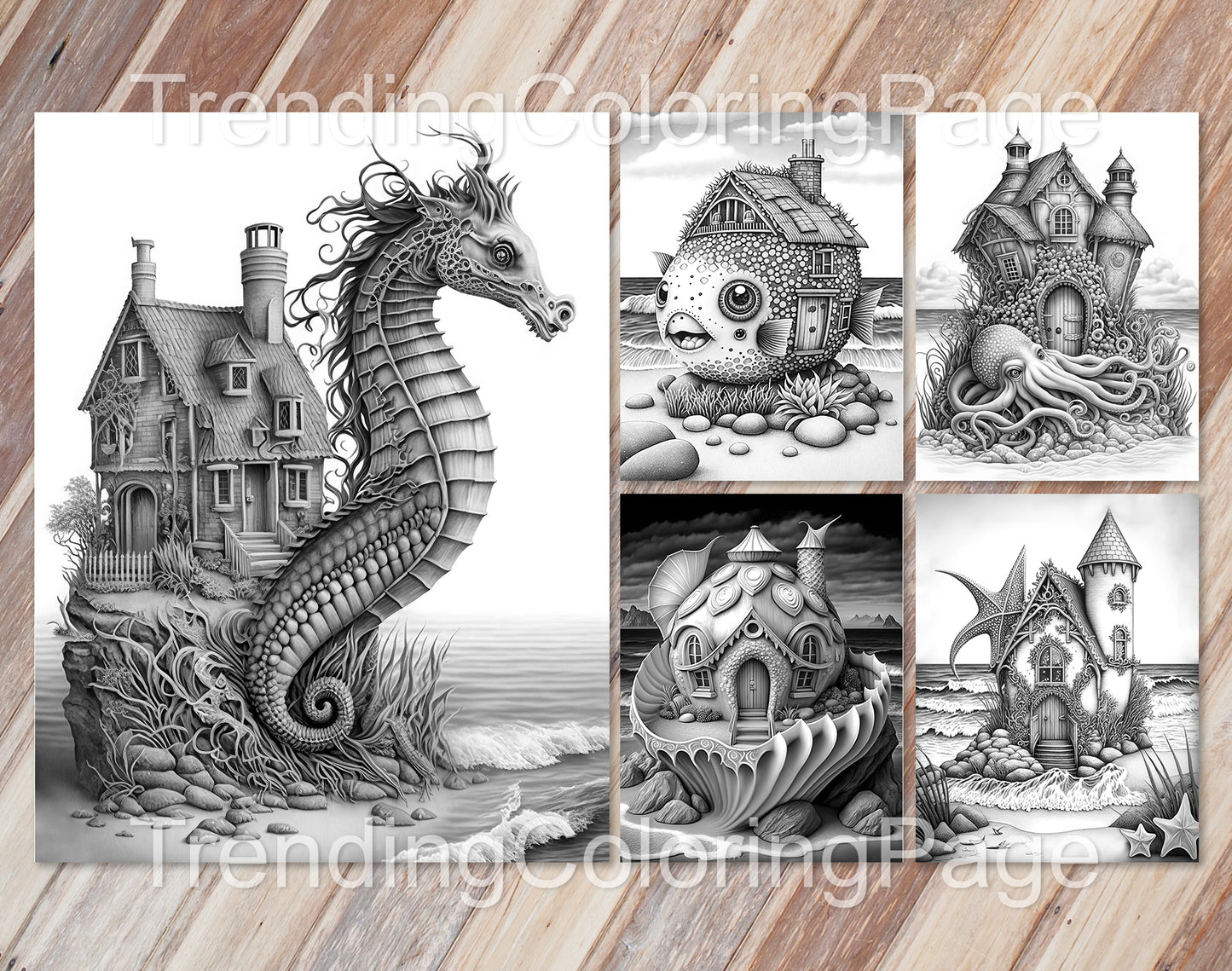 25 Fantasy Ocean Houses Grayscale Coloring Pages - Instant Download - Printable PDF Dark/Light – preview 4
